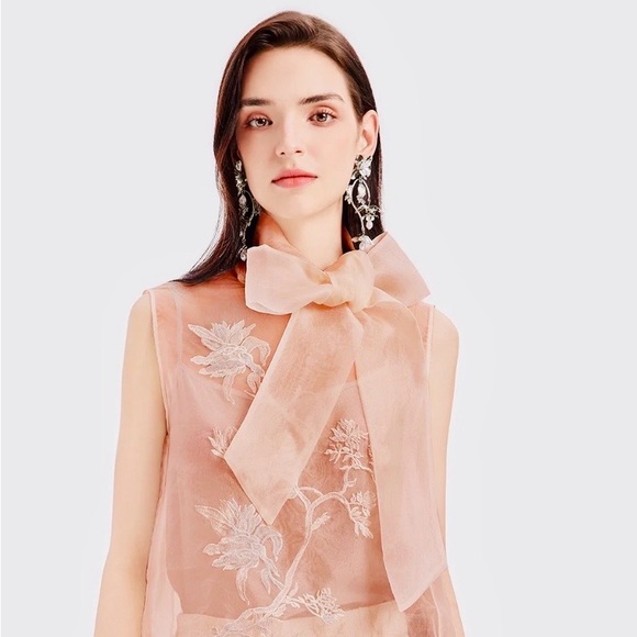 Rich Radi Q's Tops - RICH RADI Q'S NEW YORK Silk Peach Embroidered Tie-Neck Blouse Size Medium